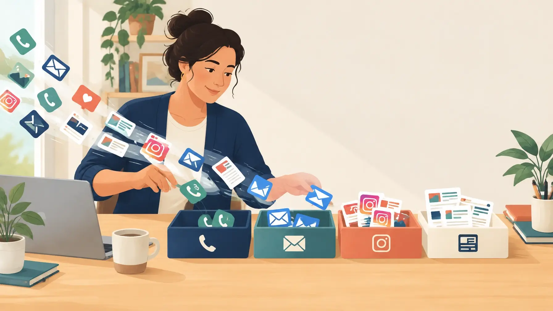 Calm business owner organizing calls, emails, social media, and newsletters into a simple daily system