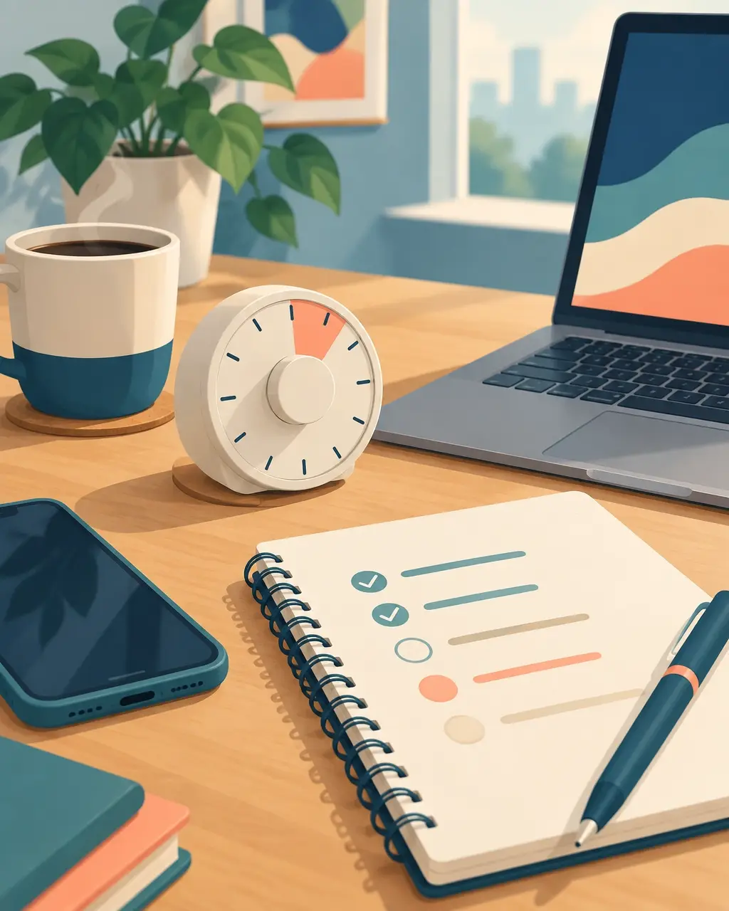 Five-minute daily reset with a timer, notebook, laptop, and simple checklist
