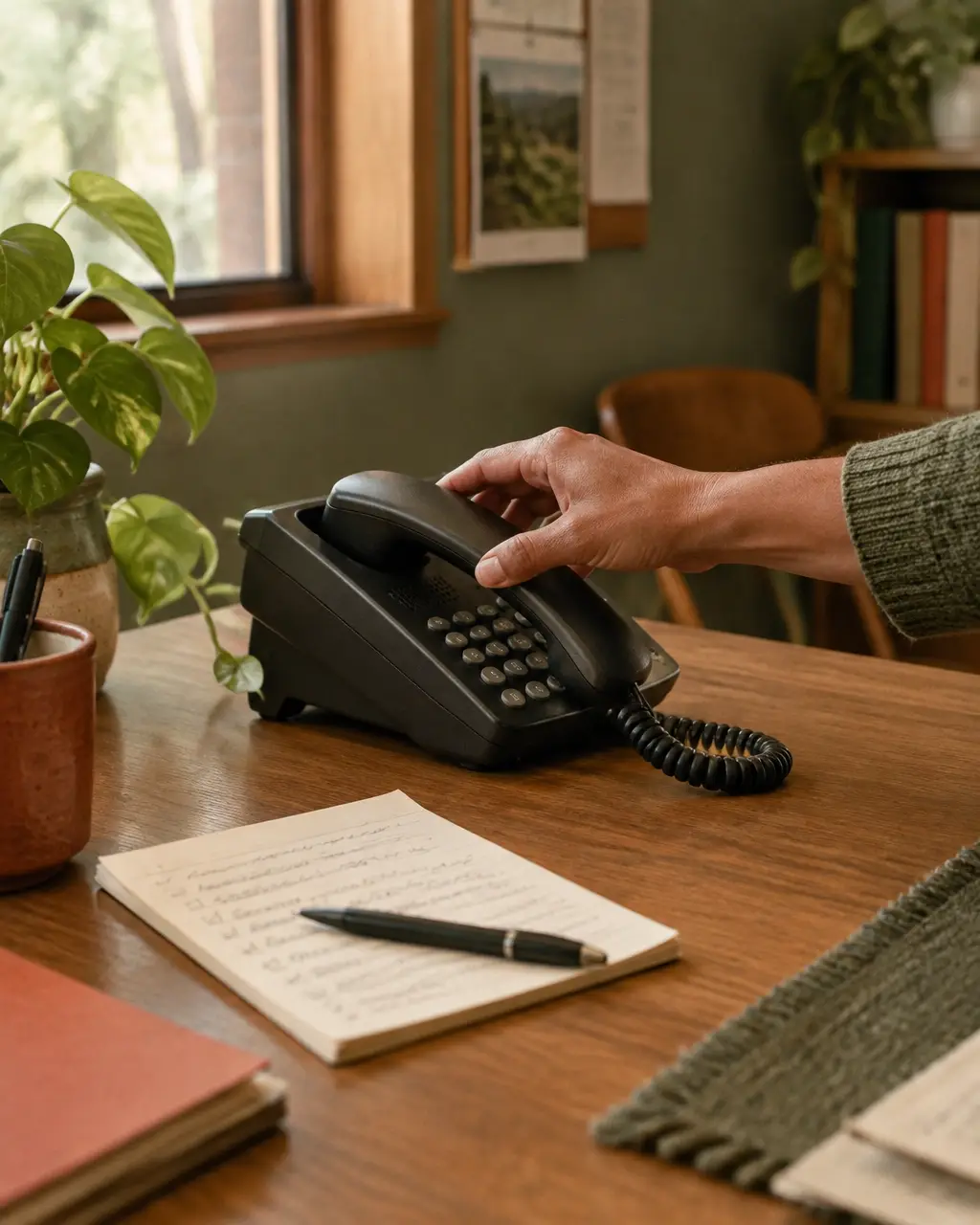 A hand reaching for a simple desk phone beside a callback pad