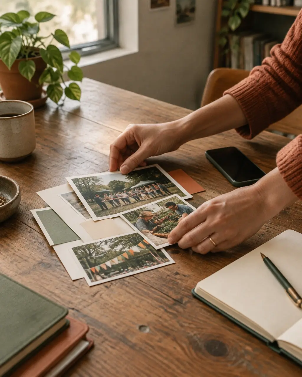 Hands arranging community notes and a phone on a nonprofit workspace