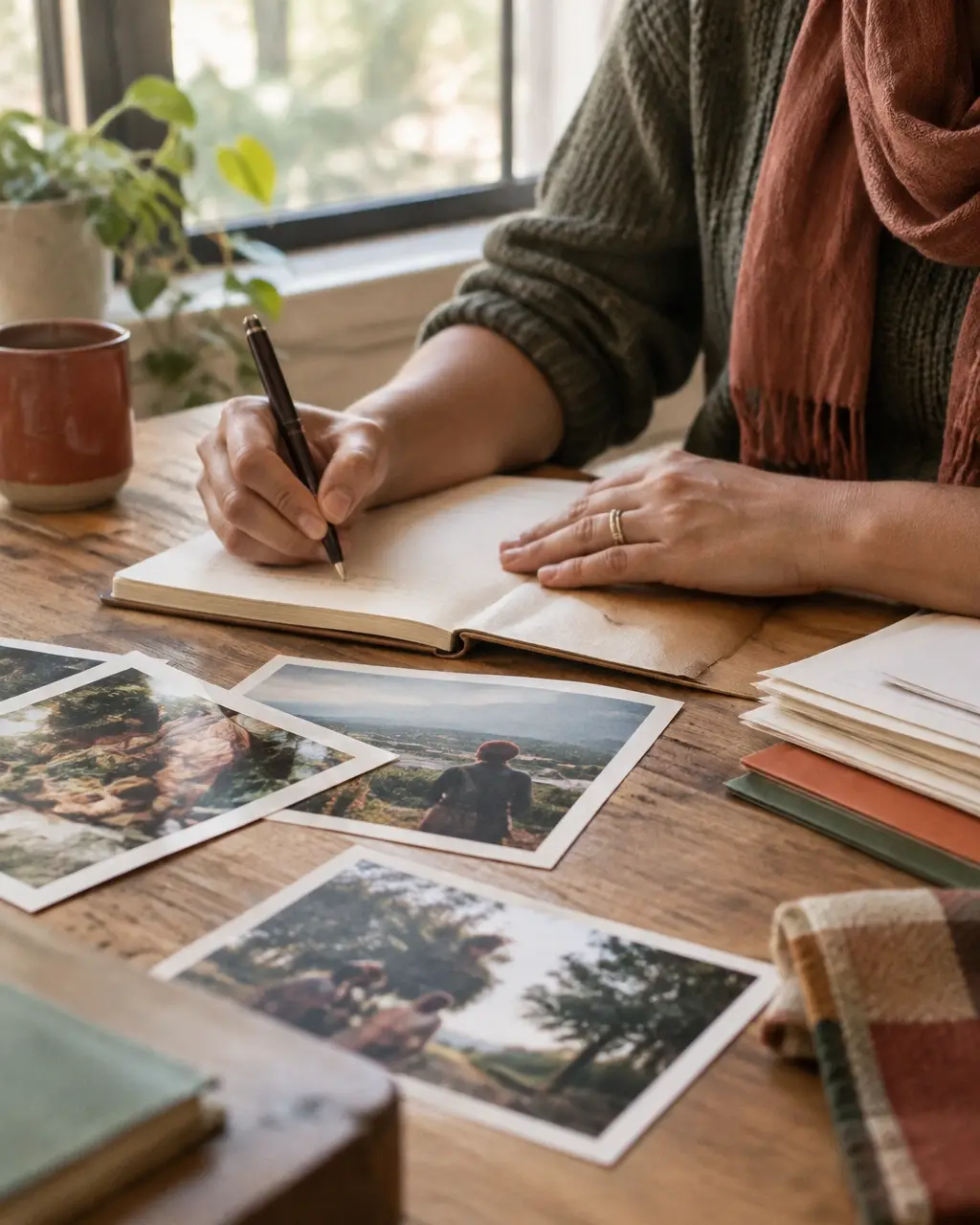 A nonprofit team member writing notes beside printed photos and papers